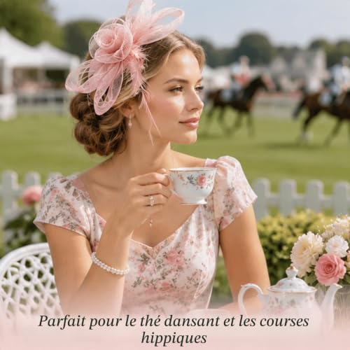 WANIXIA Chapeau bibi en maille avec fleur et plumes pour femmes, bibi 2 en 1 avec serre-tête et pince à cheveux élégant pour mariage, réception de thé, course hippique, cocktail, Ascot, pièce de tête – vue 6