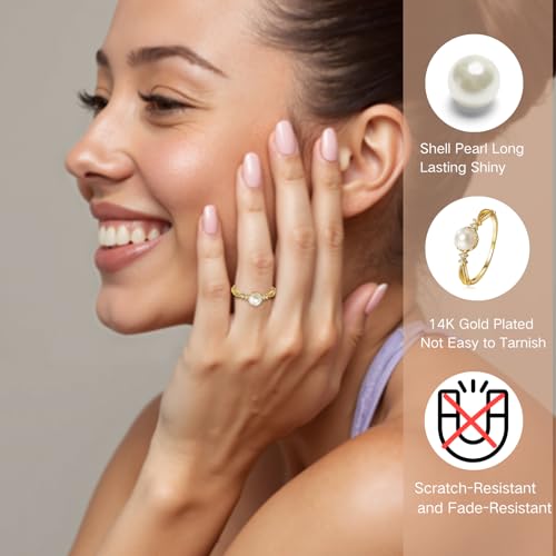 14K Gold Plated Pearl Rings for Women, Dainty Elegant Gold Rings, Pearl Rings for Women's Gifts Engagement Rings Size 5-102