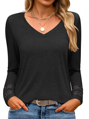 ANRABESS Womens Long Sleeve Tops Lace Dressy Casual Blouses 2025 Fall Tunic Shirts Trendy V Neck T-Shirts Work Travel Outfits