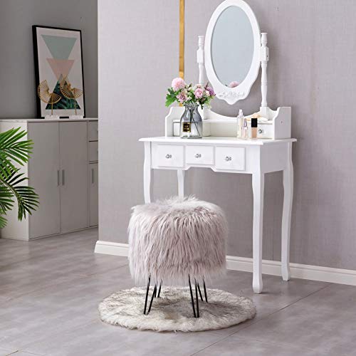 Mxfurhawa Grey Modern Faux Fur Vanity Stool Ottoman, Anti Scratch Golden Metal Legs, Side Table Seat for Living Room, Bedroom and Kids Room Chairs, Decorative Furniture Foot Rest (Silver Grey)