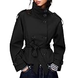 Maohao Women's Cropped Trench Coat Double Breasted Short Jacket High Collar Fall Winter Coats Trendy Outfit with Belt(Black,M)