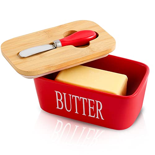 Hasense Porzellan-Butterdose mit Bambusdeckel - Butterdose mit Deckel mit Buttermesser für Arbeitsplatte, luftdichter Butterbehälter mit Deckel, perfekt für East West Coast Butter, rot Cover
