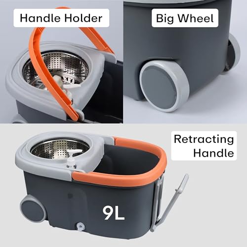 Image of Prime Pick Spin Mop with Stainless Steel Wringer & Big Wheels | 360 Rotating Mop, Adjustable Handle | Easy Floor Cleaning Bucket Set with 2 Microfiber Refills - Grey & Orange (46 x 24 x 22 cm)
