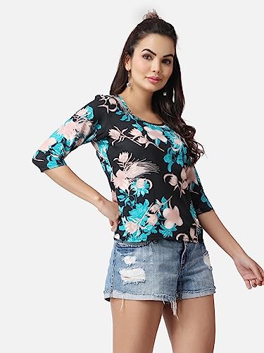 Image of POPWINGS Casual Printed Puff Sleeves Round Neck Top for Women || Stylish Summer Tops for Women || Hip-Length Women Top