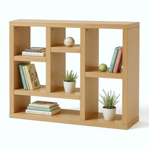 7 Cube Shelf Bookcase Wooden 3 Tiers Floor Standing Low Storage Cabinet Display Shelves for Home Library and Office, 7-Cube Low Lattice Bookshelf Natural Wood