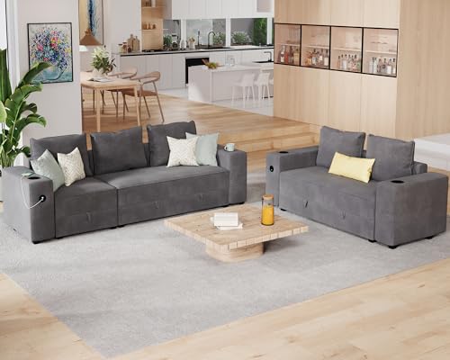 PaPaJet Sectional Sofa, Modular Sectional Sofa with 2 USB Ports & Cup Holders, 3-Seater and Loveseat 2 Piece Set Couch with Storage, Ottomans Gray Sofa Couch, Grey