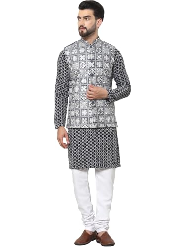 Image of SOJANYA (Since 1958 Men's Cotton Contrast Embroidered Kurta and White Pyjama with Embroidered Nehru Jacket