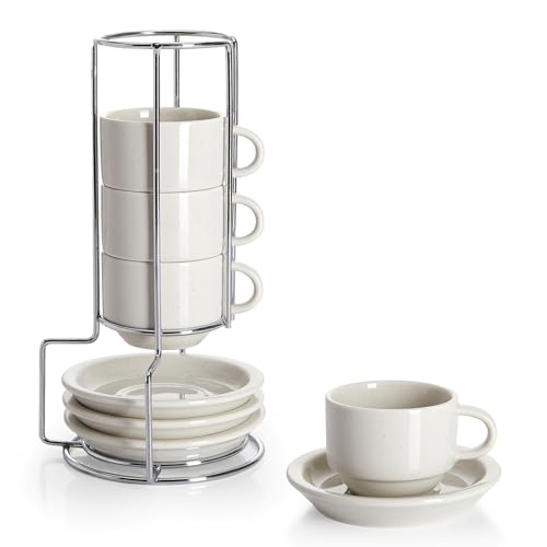 Image of Sweese Porcelain Espresso Cups Set, 2.5 oz, with Saucers, Metal Stand, Stackable - Dove Grey, 4 Pack