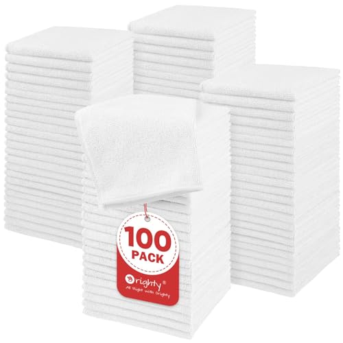 Image of Orighty Washcloths Bulk, 100 Pack Highly Absorbent & Soft Feel Microfiber Face Towels, Multi-Purpose Wash Cloths & Hand Towels for Bathroom, Hotel, Spa, and Gym, 12x12 Inch, White