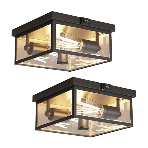 Outdoor Ceiling Light with Motion Sensor, Flush Mount Porch Light, Exterior Light Fixture with Clear Glass, Dusk to Dawn 2-Light Fixture for Patio,Porch (10.5in 2Pack) 10.5 in 2 Pack