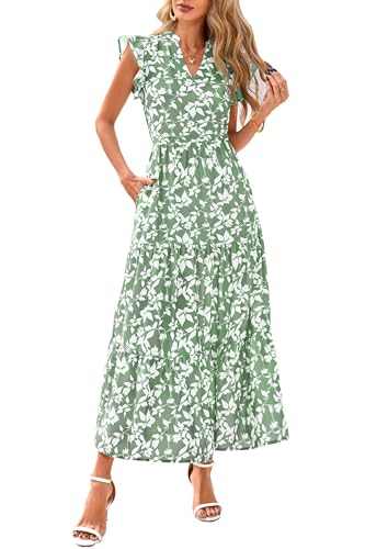 PRETTYGARDEN Women's 2025 Summer Floral Midi Dress Cap Sleeve V Neck Ruffle Long Flowy Boho Casual Beach Vacation Dresses