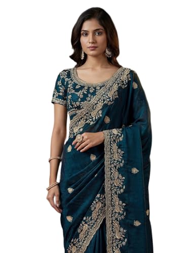 Image of SIRIL Women's Tissue Silk Scalloped Border Embroidery Saree with Unstitched Blouse Piece
