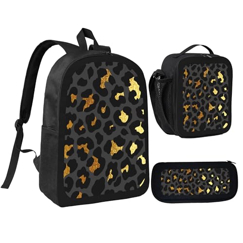 Black Gold Leopard Print 3 Pcs 17 Inches Backpack Set with Insulated Lunch Bag And Pencil Pouch Large Back Pack for Men Women Lunchbox Pencil Case Waterproof Backpacks Lunch Box 3 Piece Daypacks