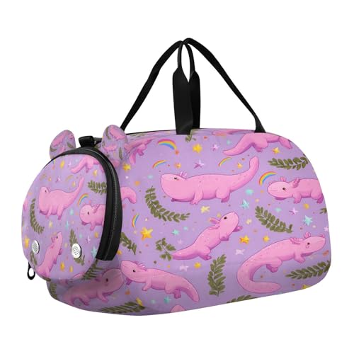 Gym Travel Duffle Bag for Boys Girls Salamander Stars Pattern Leaves Pink Sports Dance Bag with Shoe Compartment & Wet Pocket Football Kids Travel Bag Teens Sleepover Carry