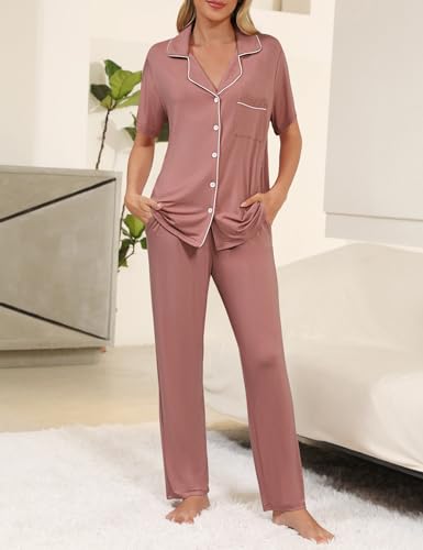Image of Senert Womens 2 Piece Pajamas Set Button Down Top and Pants Soft Sleepwear | Short Sleeve Lounge Sets with Pockets, Maternity / Nursing /Postpartum Pjs Set, Bride Pjs Set for All Seasons