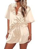 Ekouaer Pajamas for Women Silk Soft Sleepwear Short Sleeve Button Down Pjs Satin Top and Shorts 2 Piece Lounge Set,Champagne,L