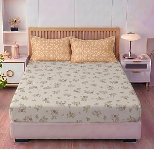Image of BSB HOME 240 TC Cotton Feel Fitted Bedsheet for Double Bed, All-Round Elastic Deep Pocket, Soft Breathable Wrinkle Resistant & Skin Friendly Bed Sheet, Easy Care, 72 x 72 + 10 Inches - Muted Amber