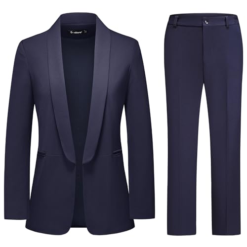 TRONSTORE Women's Pant Suits 2 Piece Set Longline Shawl Collar Blazer with No Closure for Women Business Casual Wear, Navy, X-Large