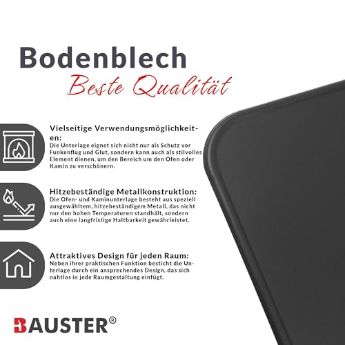 BAUSTER® Płyta podłogowa z metalu – ochrona przed wysoką temperaturą do kominka i pieca – malowana proszkowo – czarna, grafitowa lub miedziana – 80 x 49 / 50 x 60 / 60 x 80 cm – płyta chroniąca przed