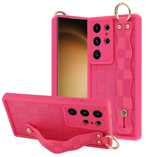 Coque Samsung S23 Ultra à carreaux rose vif avec dragonne pour femme