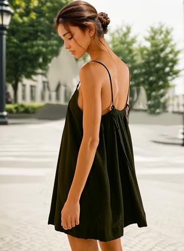 Image of YUENIU Womens Sundresses Mini Linen Beach Cover Up Tank Summer Casual Spaghetti Strap Sleeveless Dress with Pockets