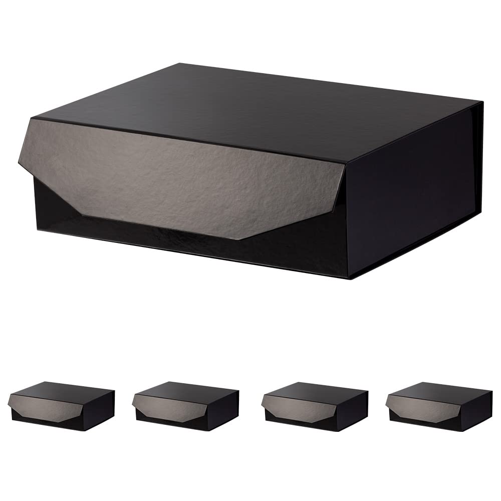 PACKGILO 5 Black Large Gift Boxes with Lid 13x9x4 Inches, Bridesmaid Proposal Boxes, Hard Collapsible Gift Box with Magnetic Closure, Groomsman Box