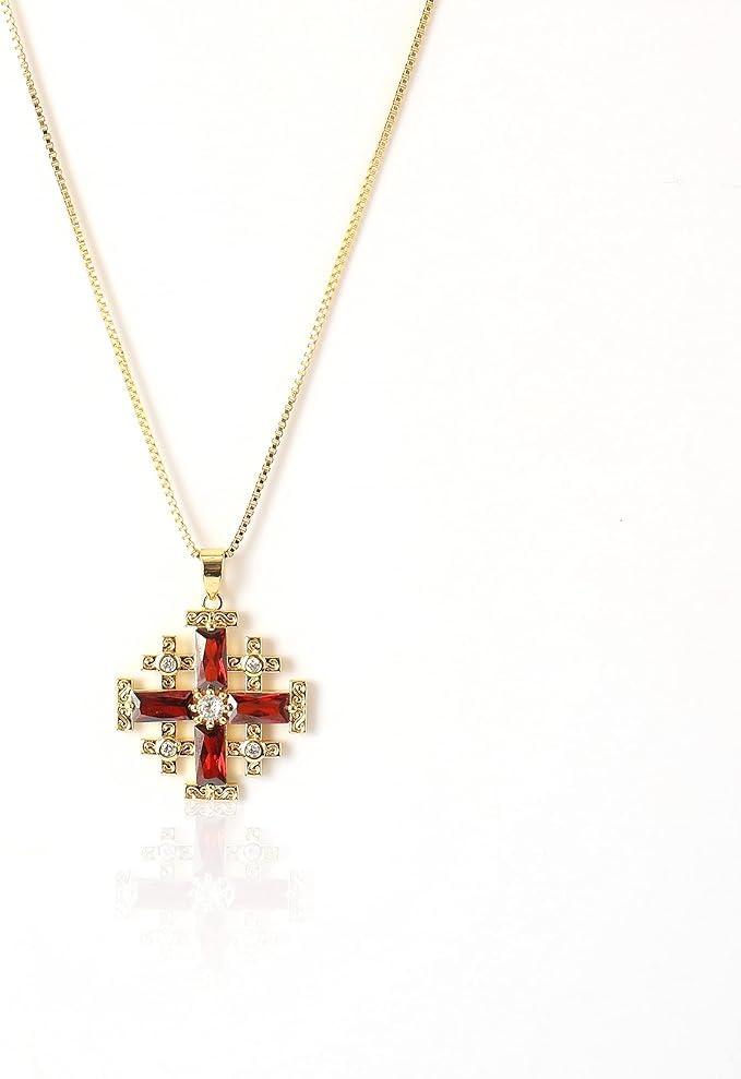 Nazareth Store 18k Yellow Gold Plated Crusaders Jerusalem Cross Pendant with Crystallized Topaz and 20" Necklace Chain2