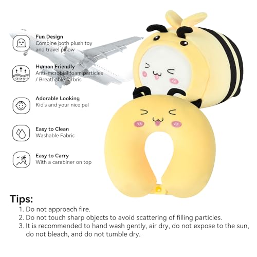 Image of Kids Travel Pillow - 2-in-1 Deformable Kids Neck Pillow for Traveling, Soft U-Shaped Pillow with Adorable Animal Design, Comfy Sleep and Play, Ideal for Airplane Traveling - Yellow Bee