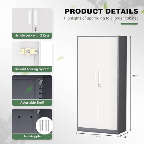 Image of Greenvelly Metal Garage Storage Cabinet, Tall Locking Storage Cabinet with 2 Doors and 4 Adjustable Shelves, Steel Tool Cabinet, Lockable Filling Cabinet for Home, Office, Garage, School (Gray White)