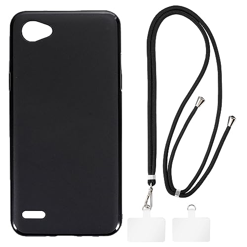 Shantime Funda y Correa Cruzada Compatible con LG Q6 Funda para Teléfono y Cinta de Cuello Ajustable con Hebillas Metálicas y 2 Parches(Negro + Negro)