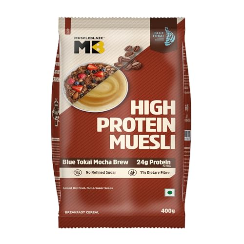 Image of MuscleBlaze High Protein Muesli, Blue Tokai Mocha Brew, 400g | 24g Protein | With Raisins, Almonds & Super Seeds, High Protein Breakfast Cereals