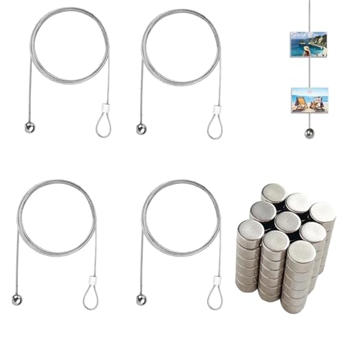 Oiieco 4 corde per foto con 48 magneti, in acciaio inox, con graffette, per appendere foto, cartoline