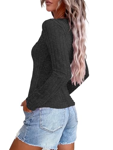 Image of KINLONSAIR Women's Long Sleeve Henley T Shirts Button Down Slim Fit Tops Scoop Neck Ribbed Knit Shirts