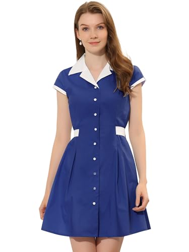 Image of Allegra K Women's Vintage Button Down Shirt Dress Notch Lapel Short Sleeve Belted Office Mini Short Dresses