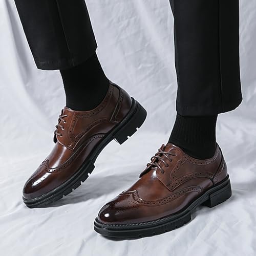 Image of Men's Wingtip Fashion Modern Leather Oxford,Black Business Casual Platform Dress Shoes for Men,Comfortable Retro Lace Up Tuxedo Shoes