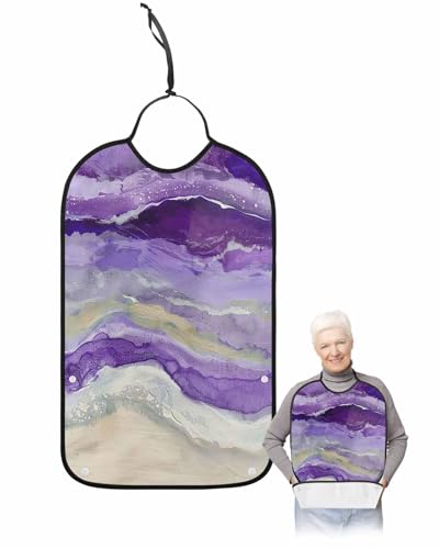 LEOKOTI Purple Coastal Adult Bibs for Eating, Waterproof Bibs with Food Catcher & Adjustable Snap Closure, Summer Beach Nautical Abstract Art Washable Clothing Protectors Adult Bibs for Elderly