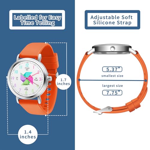 Blisshour Kids Watch Analog Waterproof, Pinwheel Learning Watch for Kids 8-12, Teacher Watches for Girl Ages 5-7 6-8, Easy to Read Educational Girls Watches Orange2