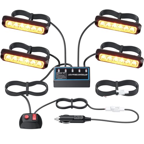 EYPINS 4X Luces de Advertencia LED, 6 LED de Emergencia, Impermeable IP65, 12V/24V, Luz Estroboscópica Luces Intermitentes para Coche Camión, 6W, 12V/24V, 8 Modos de Intermitencia, Ámbar