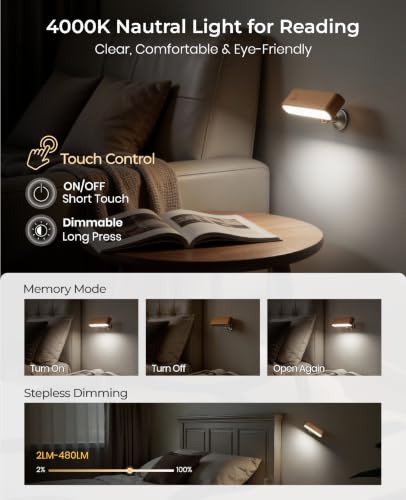 Image of Wood LED Wall Sconce, Magnetic 360 Rotatable Wall Mounted Night Light & Reading Light, Small Rechargeable Battery Powered Bedside Wall Lamp for Bedroom, Living Room, Beech Wood