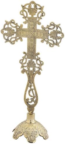 Brass Cross Altar Table Standing Cross (9370 B) - Gold, Metallic Finish - Unframed, Tabletop Mount - 11.4 x 29 cm - Home Office, Office