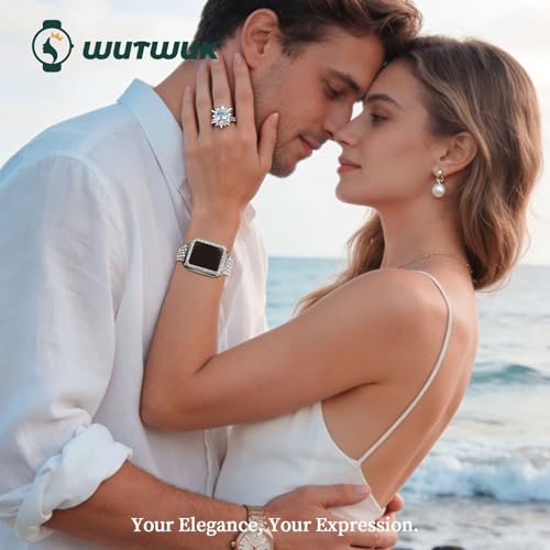 Image of wutwuk Diamond Band with Bling Case Compatible with Apple Watch Bands for Women 42mm, Sparkly Metal Strap with Crystal Protective Bumper for iWatch Series 11 10, Starlight