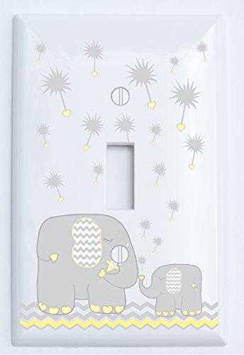 Single Toggle Yellow and Grey Dandelion Elephant Light Switch Plates Covers/Elephant Nursery Decor (Yellow Dandelion Elephant Swith Plate)