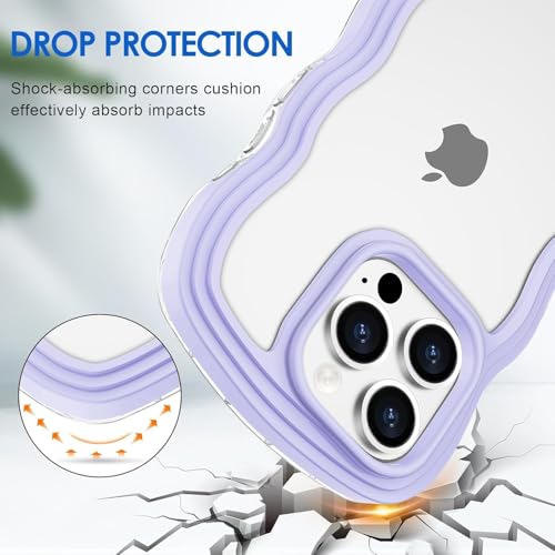 Image of GoldKart iPhone 16 Pro Max Case Wavy Edge Clear Back Design, Anti-Slip Grip Cute Wave Curly Frame Shape Shockproof Soft TPU & Hard PC Bumper Protective Phone Case Cover for Women Girls - Purple