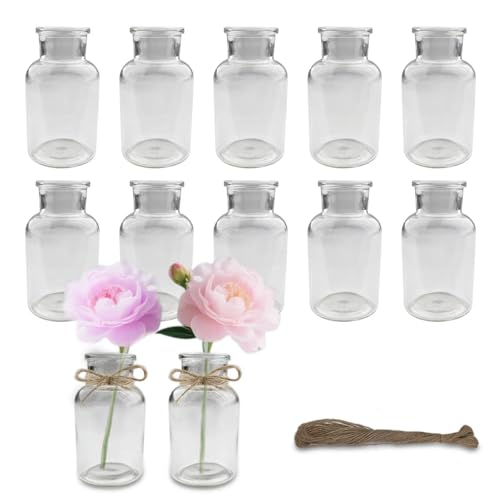 VELLUSTRA 12 Stück Mini Glasvasen, 125ml Vasen Klein, mit Juteschnur, Vase Deko, Minimalistische Blumenvase Glas Vasen Set für Hochzeit Party Esstisch Tafelaufsatz Tischvase Deko, Spülmaschinenfest