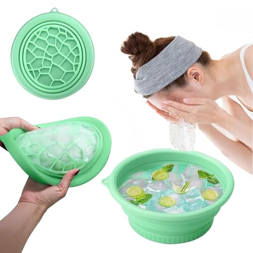 Face Ice Bowl Silicone Foldable Ice Facial Bowl with Ice Mold Lid for Face Dunking and Cold Water Facial Routine (Green)