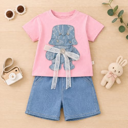 Image of Bold N Elegant Baby Girl Cotton Printed Cute Duck Cartoon Bow Embellished T-Shirt Top & Shorts Summer Casual Clothing Set