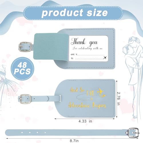 Sweetude 48 Sets Leather Luggage Tag Bulk and So The Adventure Begins Luggage Tags with Name Card for Wedding Bridal Shower Bachelorette Honeymoon Travel Graduation Gifts(Haze Blue)2