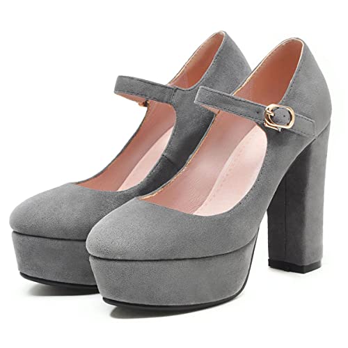 SHEMEE Women's Chunky High Heels Platform Mary Janes Pumps Faux Suede Ankle Strap Buckle Round Toe Block Heeled Dress Shoes
