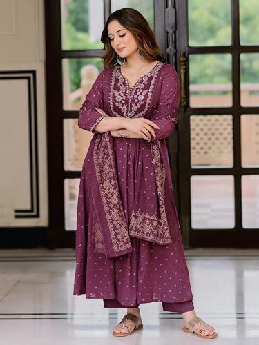 Image of Arayna Women's 100% Pure Cotton Anarkali Kurta Set with Pant & Dupatta | Embroidered Flared Kurta | Elegant Ethnic Suit