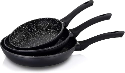 Genérico Set de 3 sartenes de Aluminio Forjado Antiadherentes con Revestimiento Mármol   20/24/28 cm   Aptas para Inducción, Gas, Vitrocerámica   PFOA Free   Mango Soft Touch